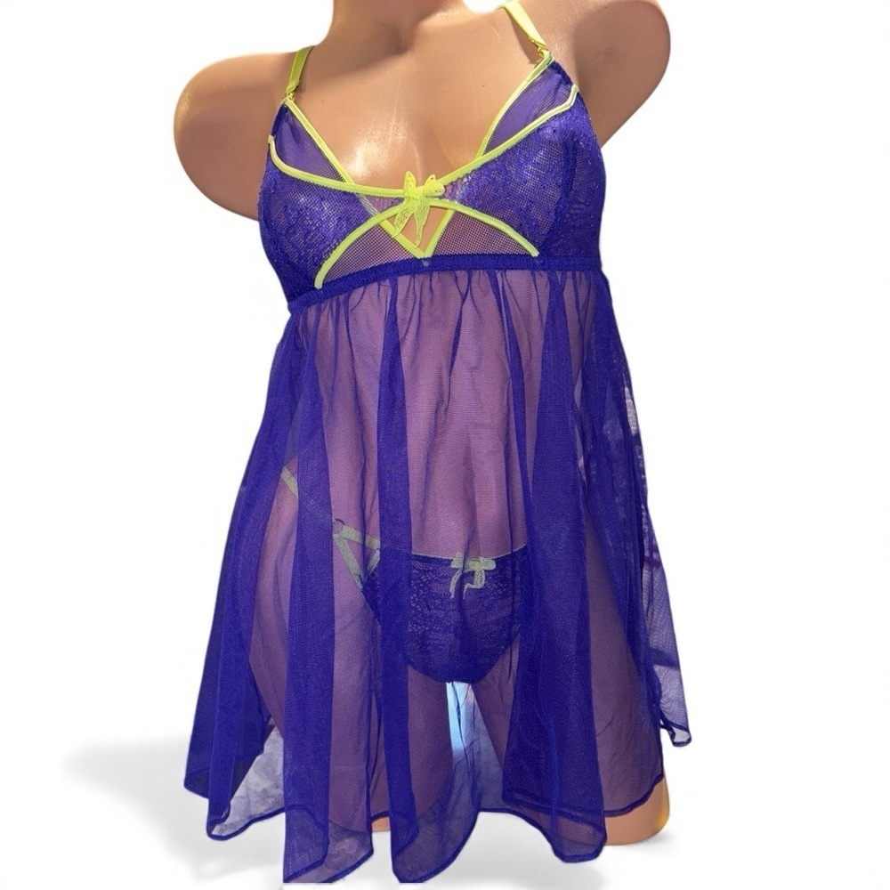 Y2K Victoria's Secret Purple very sexy Sheer Chemise baby doll Bra 36D panty